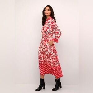 European Culture Red and White Long Sleeve Dress